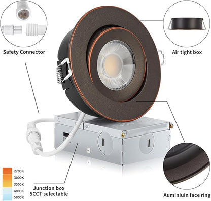 KnLnny Ware Oil Rubbed Bronze Recessed Lighting 4 Inch with Night Light 6 Pack,Gimbal Led Lights with Junction Box,5CCT Selectable,9W 750LM,Dimmable