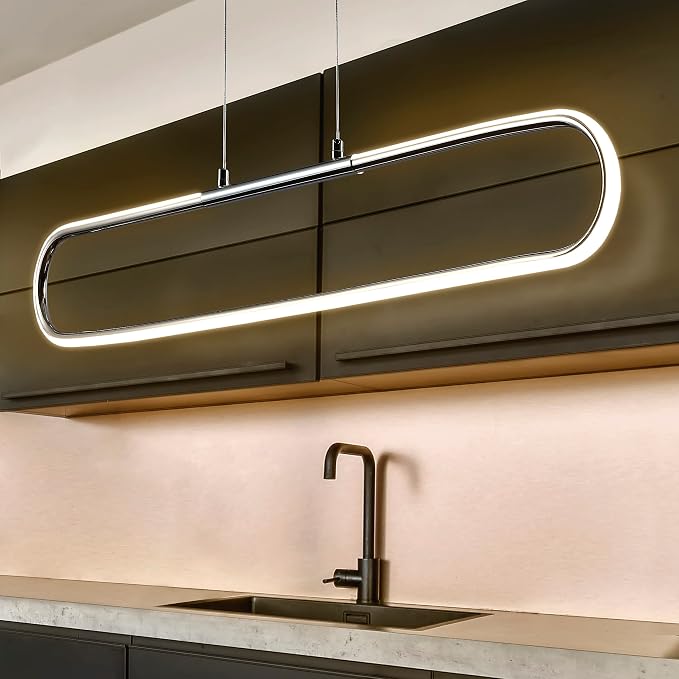 JONATHAN Y Ned 39" Integrated LED Linear Pendant Dimmable Metal, Chrome | Modern Adjustable Height Chandelier, Kitchen Island Light, 3000K, 1690 Lumens, ETL Listed, Clear Cord, Minimalist Decor