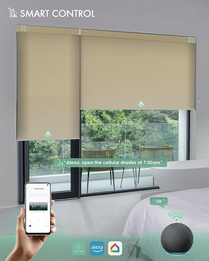 Yoolax Motorized Cellular Shades Compatible with Alexa, Light Filtering Motorized Blinds with Remote Smart Honeycomb Shades for Indoor Windows, Automatic Blinds Custom Size (Light Coffee)
