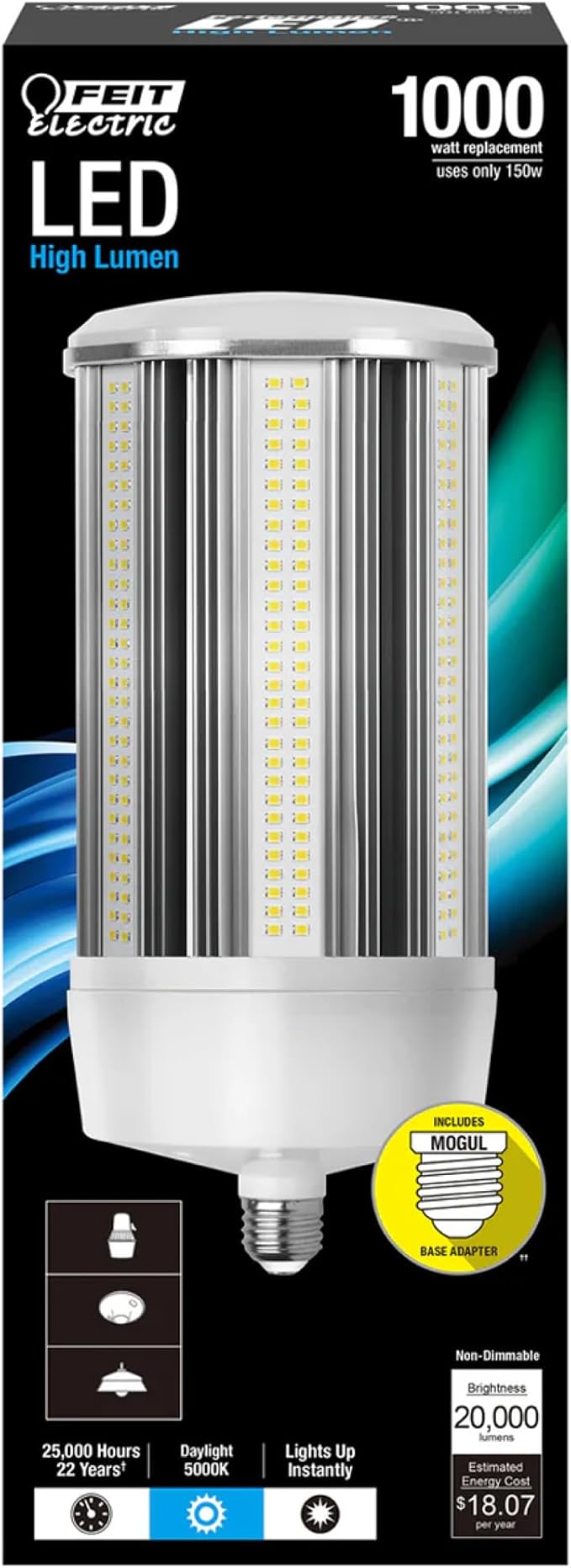 Feit Electric C20000/5K/LED 1000 Watt Equivalent 175W Corn Cob High 20,000 Lumen LED Light Bulb, 13.4"H x 5.3"D, Daylight 5000K