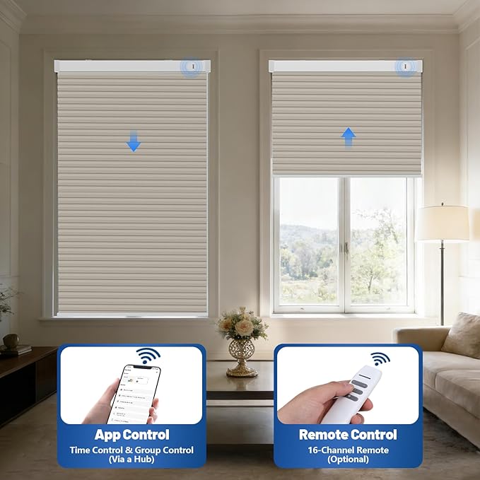 Motorized Cellular Shades with Remote, Smart Cellular Shades Compatible with Apple HomeKit, Alexa & Google Home, Cordless Honeycomb Window Blinds for Indoor Windows, Blackout Warm Beige