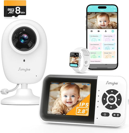 Simyke Smart Baby Monitor with SD Card,WiFi 1080P AI Cam with Phone App,2.8'' IPS Display,AI Face Tracking&Sound Detection,Auto Night Vision,2-Way Talk,Multi-User,Triple Security,1500ft Long Range