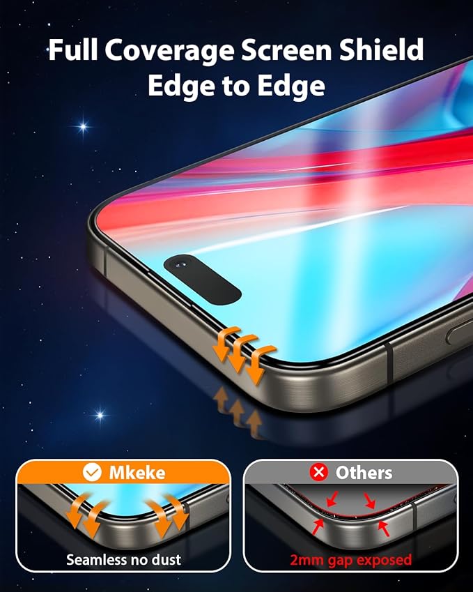 Mkeke for iPhone 15 Pro Screen Protector 3 Pack, [9H+ Hardness] [Military-Grade Drop Protection] [Sensitive Touch] [Easy Installation] [HD Clear] Full Edge Coverage Tempered Glass