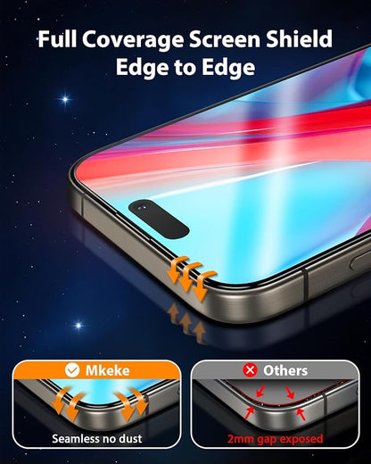 Mkeke for iPhone 15 Pro Screen Protector 3 Pack, [9H+ Hardness] [Military-Grade Drop Protection] [Sensitive Touch] [Easy Installation] [HD Clear] Full Edge Coverage Tempered Glass