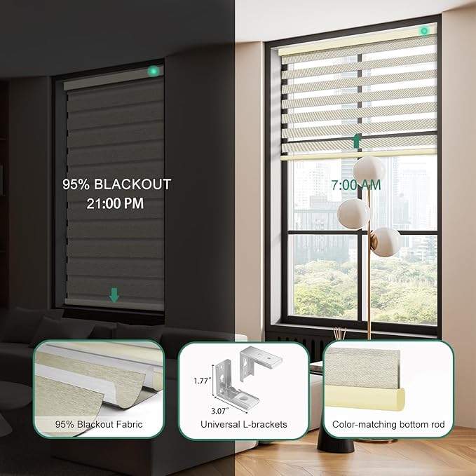 Motorized Zebra Blinds with Remote, Work with HomeKit Alexa Automatic Electric Window Shades 95% Blackout Light Filtering for Smart Home and Office, Customized Size Modern Golde