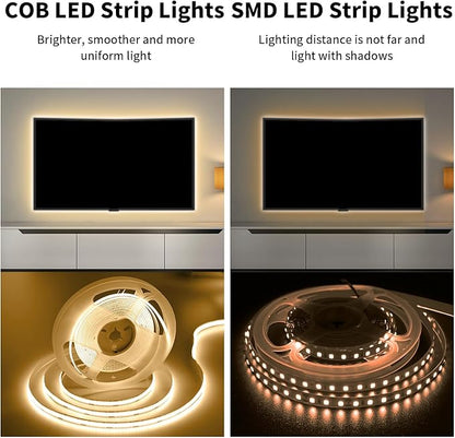 16.4FT/5M COB Led Strip Lights, Warm White 3000K LED Tape Lights, 640 LEDs/M CRI 93+ Flexible Dimmable Self Adhesive Lights Strip for Bedroom, Mirror, Kitchen, Indoor Decor (No Plug)
