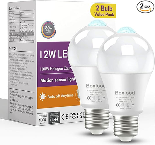 Boxlood Motion Sensor Light Bulbs, 12W Motion Activated Dusk to Dawn Outdoor Light Bulb (100Watt Equivalent) A19 E26 5000K Daylight for Outdoor Indoor Front Door Porch Garage Basement Hallway, 2 Pack