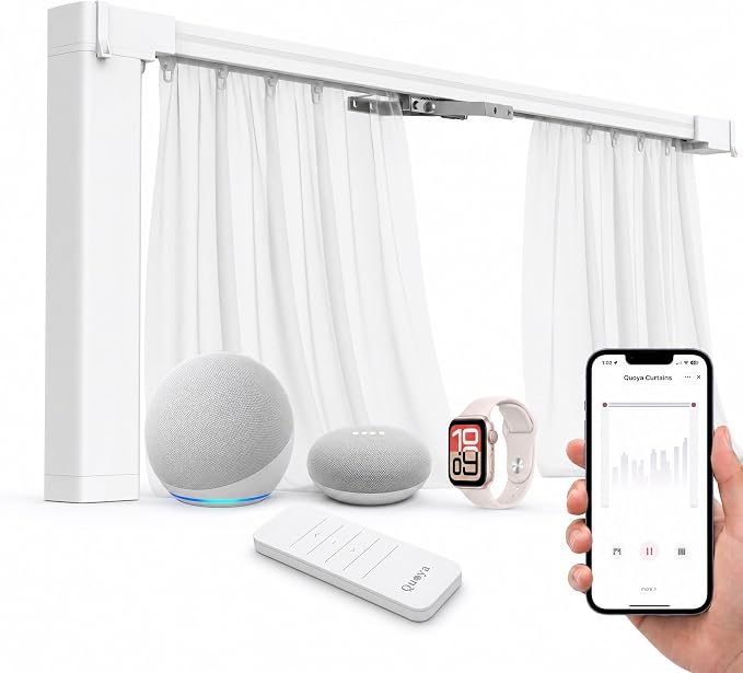 Quoya Smart Electric Curtain Track AT5810【Up to 5m (196in) - Motorised and Adjustable 】 Automated Rail Motor with App, Voice, Remote Control, Compatible with Alexa, Google and Siri