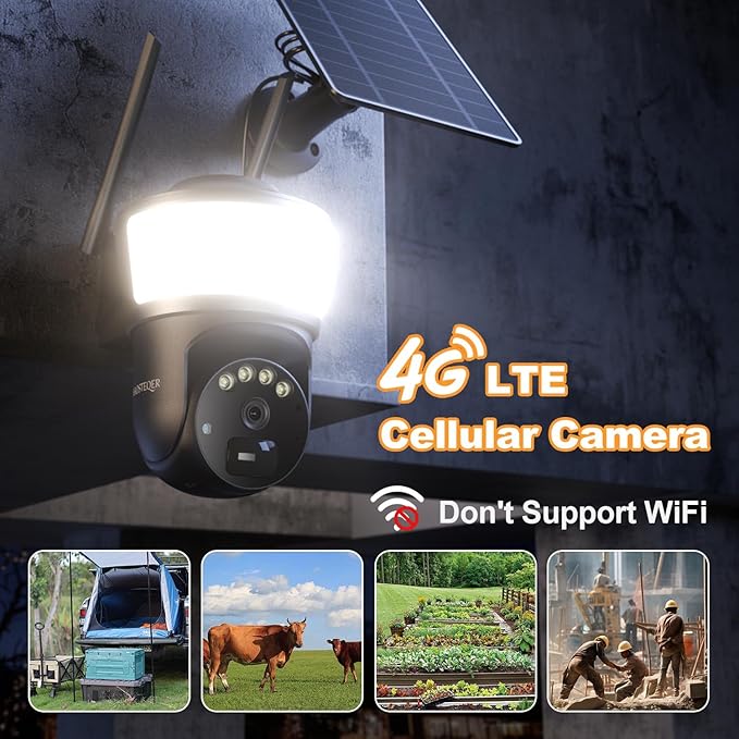 4G LTE Cellular Solar Security Camera Wireless Outdoor, No WiFi Security Camera with Powerful Spotlight, Free Cloud Storage(Need Apply), 2K Cameras for Home Security, PTZ 360° View for Farm Ranch RV