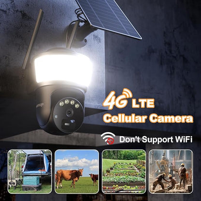 4G LTE Cellular Solar Security Camera Wireless Outdoor, No WiFi Security Camera with Powerful Spotlight, Free Cloud Storage(Need Apply), 2K Cameras for Home Security, PTZ 360° View for Farm Ranch RV