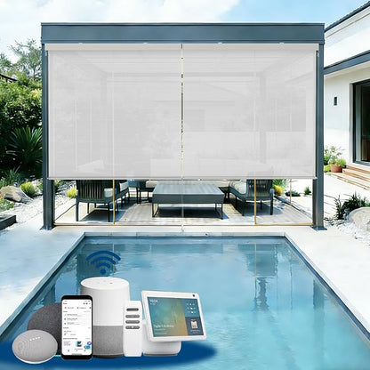 Motorized Outdoor Shades, Custom Patio Roller Blinds with Remote, Smart Exterior Sun Shades Compatible with Alexa, HomeKit, Google Home (1% Openness Sliver)