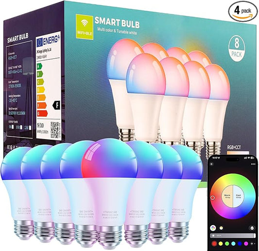 FRIDEKO HOME LED Smart Light Bulbs - Wi-Fi & Bluetooth Light Bulbs, Color Changing Light Bulb Compatible with Alexa and Google Assistant, A19 E26 RGBTW Light Bulb, 800LM (8 Pack)