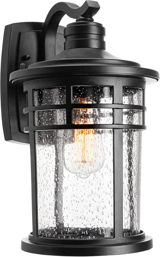 Darkaway Large Outdoor Porch Lights Wall Mount, 15inch Outdoor Light Fixtures Sconces Wall Lighting with Seeded Glass Exterior Lights for Patio Yard House Hallway Doorway Garage(Large, Black)