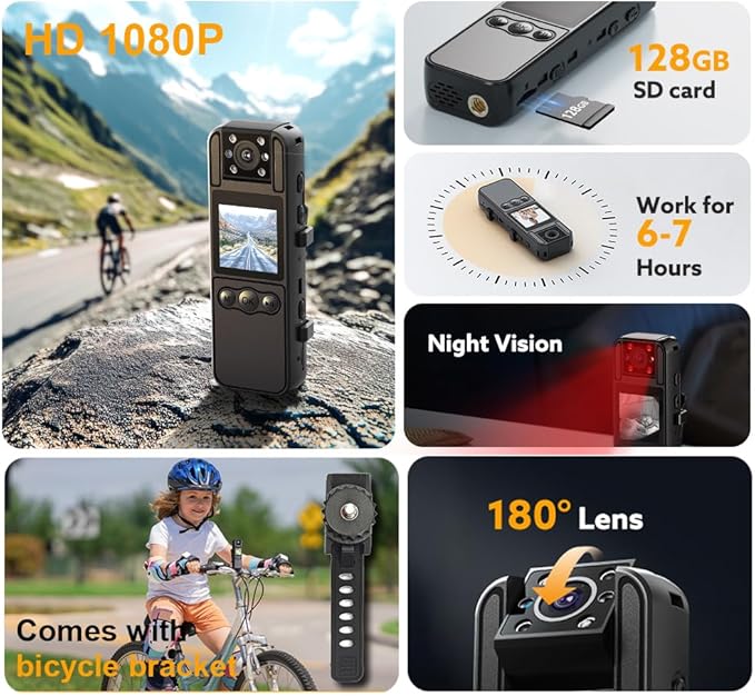 Body Camera with Audio and Video Recording, HD 1080P Body Cam with 180° Rotating Lens, IR Cut Auto Night Vision, 6HR Battery, 128GB Body Worn Camcorder Personal Police (128G HD 1080P)