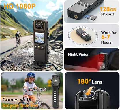 Body Camera with Audio and Video Recording, HD 1080P Body Cam with 180° Rotating Lens, IR Cut Auto Night Vision, 6HR Battery, 128GB Body Worn Camcorder Personal Police (128G HD 1080P)