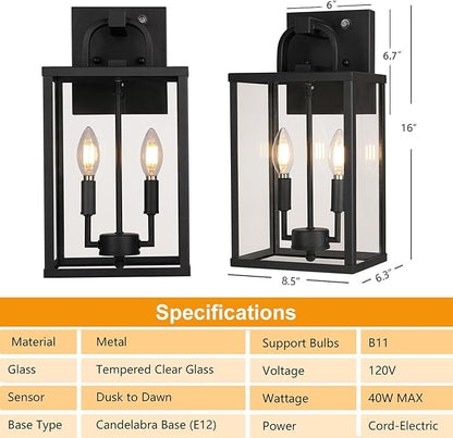 PARTPHONER Large Outdoor Light Fixutre 2-Light, Dusk to Dawn Outdoor Lighting Farmhouse Front Porch Light Exterior Wall Lantern Sconce with Clear Glass for Entryway Doorway House Garage