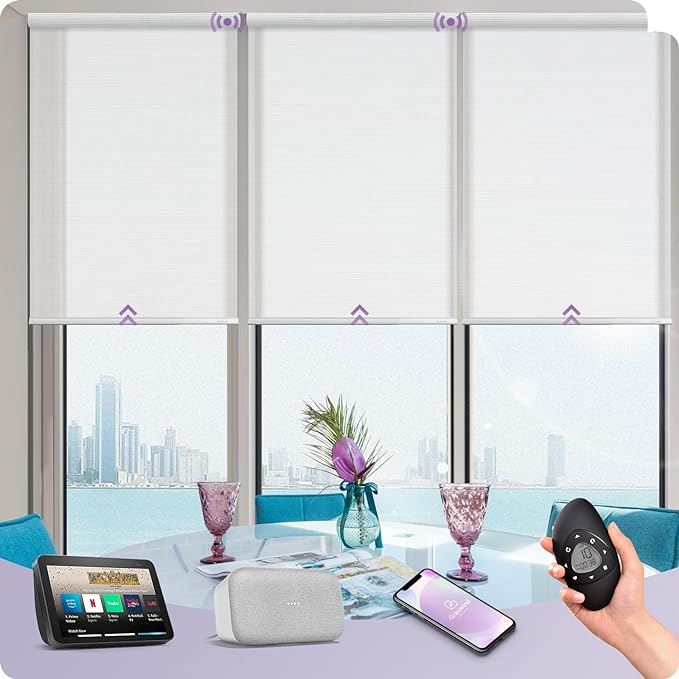 Graywind Motorized Light Filtering Shades Compatible with Alexa Google Rechargeable Remote Control Smart Blinds Automatic Window Shade with Valance for Home Office, Custom Size (Sheer White)