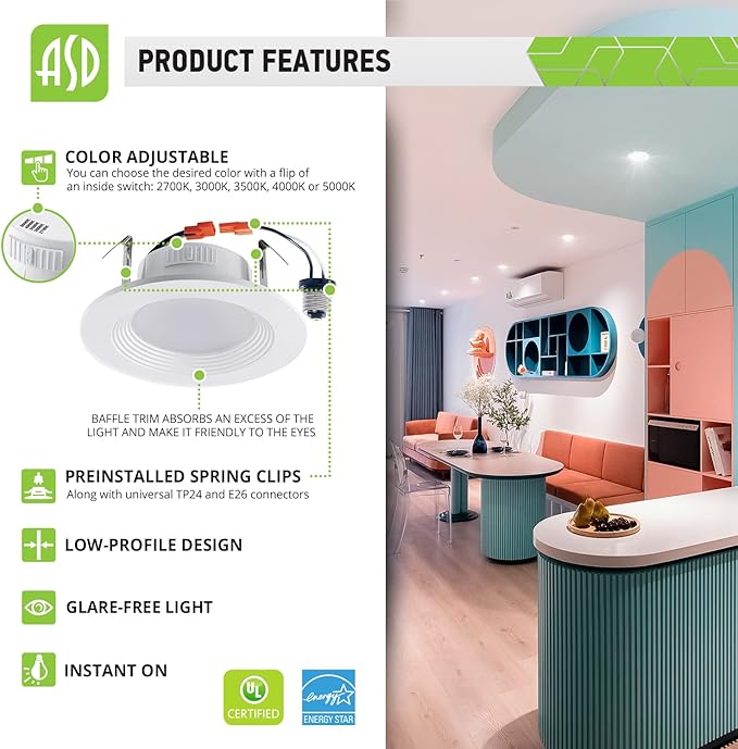 ASD 12 Pack 4 Inch Retrofit LED Recessed Light - 9W 2700K-5000K 700LM Retrofit LED Recessed Lighting 4 Inch, Dimmable Recessed Lights, Wet Rated Baffle Trim Can Lights, UL