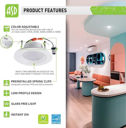 ASD 12 Pack 4 Inch Retrofit LED Recessed Light - 9W 2700K-5000K 700LM Retrofit LED Recessed Lighting 4 Inch, Dimmable Recessed Lights, Wet Rated Baffle Trim Can Lights, UL