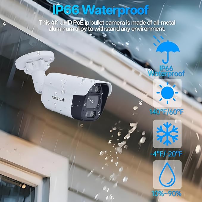 JideTech 4K 8MP PoE IP Bullet Security Camera Outdoor, 110° Wide Angle 2.8mm Lens, Human/Vehicle Motion Detection, 98ft IR, Full Color Night Vision,Two-Way Talk, Built-in Mic, Blue Irs, for Onvif NVR