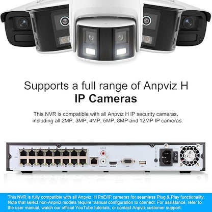 Anpviz AI 12MP 16CH POE NVR (12MP/8MP/6MP/5MP/4MP) Smart AI POE Network Video Recorder - Supports up to 16 x 12MP POE Cameras, 16-Channel Power Over Ethernet (Not Included HDD) NVR7616Q2-16P(H Series)
