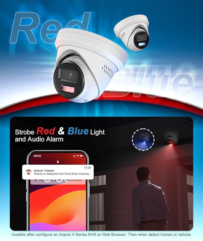 Anpviz 5MP Wired PoE IP Camera, Strobe Red & Blue Light and Audio Alarm, Metal Turret Security Camera Outdoor, Two Way Audio, Smart Dual Light, Human Vehicle Detection, IP67, IPC-D3653WD-RB (H Series)