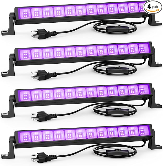 4PCS 40W LED Black Light Bar, Black Lights for Glow Party, Blacklight with Plug &Switch, Each Light Up 484 Sq.ft Area, Glow Light for Halloween, Fluorescent Body Paint, Stage Lighting, Bedroom