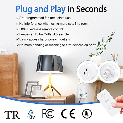 Greencycle Remote Control Outlet Plug,Remote Light Switches Wireless Indoor,Outlet Timer Indoor,No Interference No Wiring,15A/1500W,500ft RF Range,Compact Design,Programmable,2 Remotes 6 Outlets