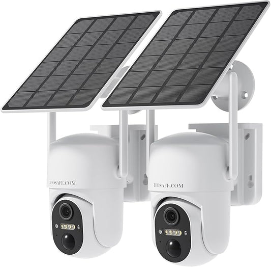 HOSAFE.COM Home Security Cameras Wireless Outdoor, 2K Outdoor Camera Wireless WiFi, 360 Camera Solar Powered, PTZ, PIR Sensor, Free Cloud Storage(Need Apply), 2-Way Talk, IP66 Waterproof, 2 Pack