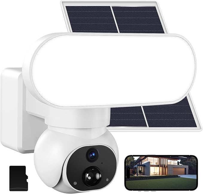 Wireless Floodlight Camera with Solar Panel, Solar PIR Motion Sensor 2000LM Flood Light, Waterproof 2K 360° PTZ Camera for Home Security, 24/7 Surveillance, Local/Cloud Storage, Compatible with Alexa