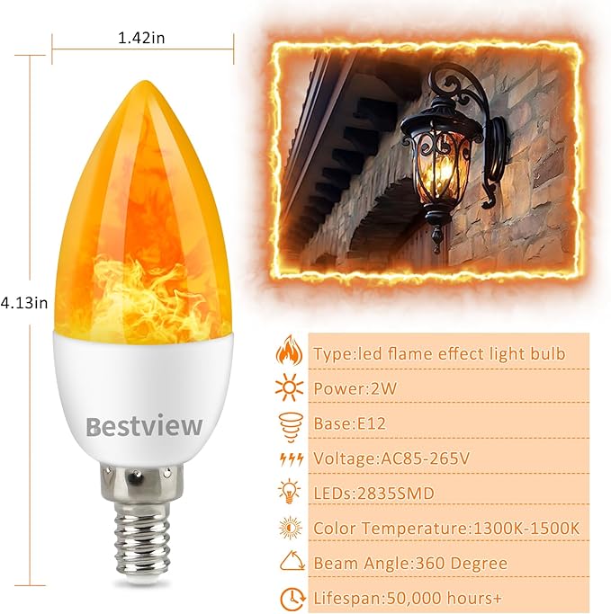 Bestview Flickering Light Bulbs,3 Modes Led Flame Effect Light Bulb, Smart E12 Chandelier Base Candle Fire Light Bulb for Halloween, Christmas,Party, Porch, Indoor&Outdoor Home Decoration -6 Pack