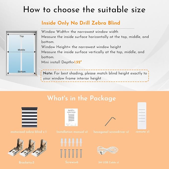 Persilux Motorized No Drill Zebra Smart Shades with Remote Smart Alexa Zebra Blinds for Indoor Windows Light Filtering, Dual Layer,Custom Sizes,Bella Dark Gray,RS20287-11