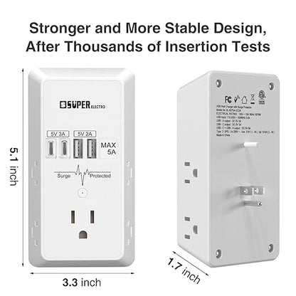 Outlet Extender, USB Wall Charger Surge Protector,5 Outlet Extender with 4 USB Charging Ports (5V 5A),3-Sided 1200J Power Strip Multi Plug Adapter for Home Travel,ETL Listed