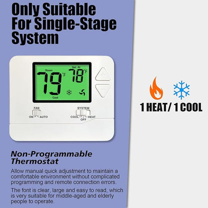 Heagstat Non-Programmable Thermostats for Home Conventional Single-Stage Systems, up to 1 Heat/ 1 Cool (with Green Backlight)