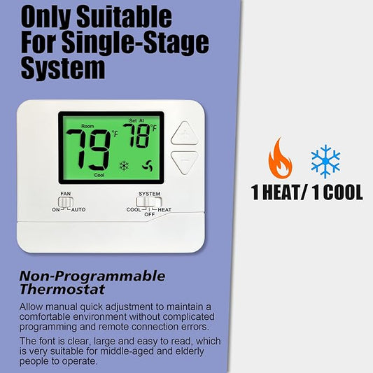 Heagstat Non-Programmable Thermostats for Home Conventional Single-Stage Systems, up to 1 Heat/ 1 Cool (with Green Backlight)