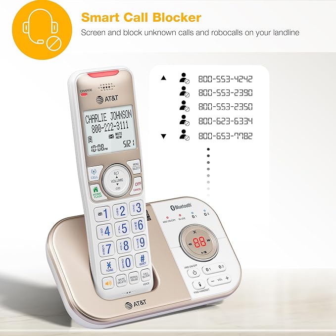AT&T BL3112 Cordless Home Phone – 1 Handset, Bluetooth to Cell, Smart Robocall Blocker (1,000), Digital Answering, Expandable