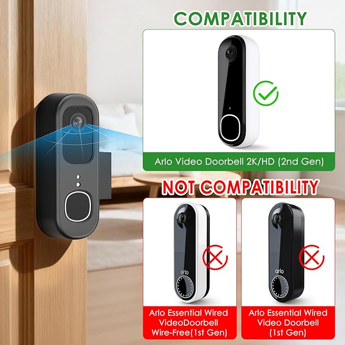 Anti-Theft Doorbell Mount for Arlo Video Doorbell 2K (2nd Gen), Arlo Camera Mount Easy No-Drill Mounting Bracket, Weatherproof Protection for Arlo Doorbell Camera, Ideal for Homes Apartments Rentals