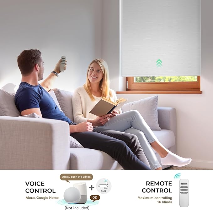 HeyBlinds Blackout Motorized Smart Blinds with Remote, Automatic Electric Shades for Windows (Moon Bay- White BO, 44" W x 72" H)