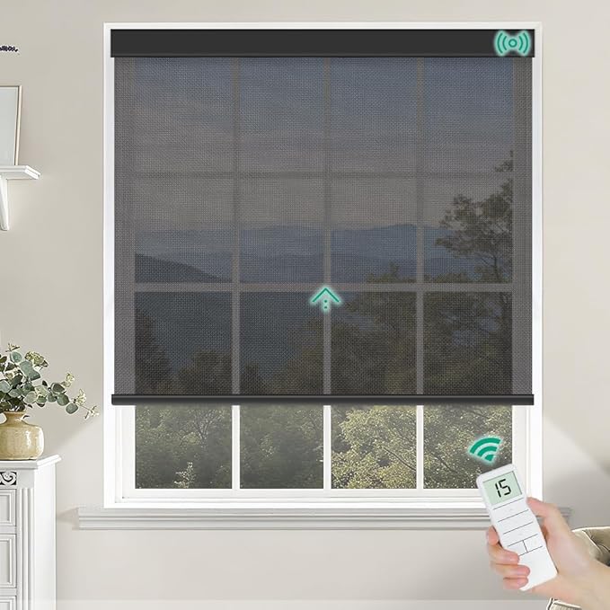 Motorized Roller Shades, Light Filtering Remote Control Custom Window Shades Compatible with Alexa Google Assistant via RF Hub, Rechargeable Electric Blinds for Windows (Fireproof Black)