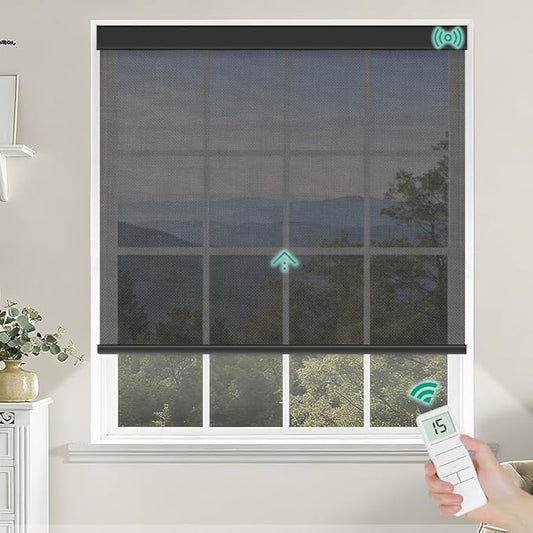 Motorized Roller Shades, Light Filtering Remote Control Custom Window Shades Compatible with Alexa Google Assistant via RF Hub, Rechargeable Electric Blinds for Windows (Fireproof Black)