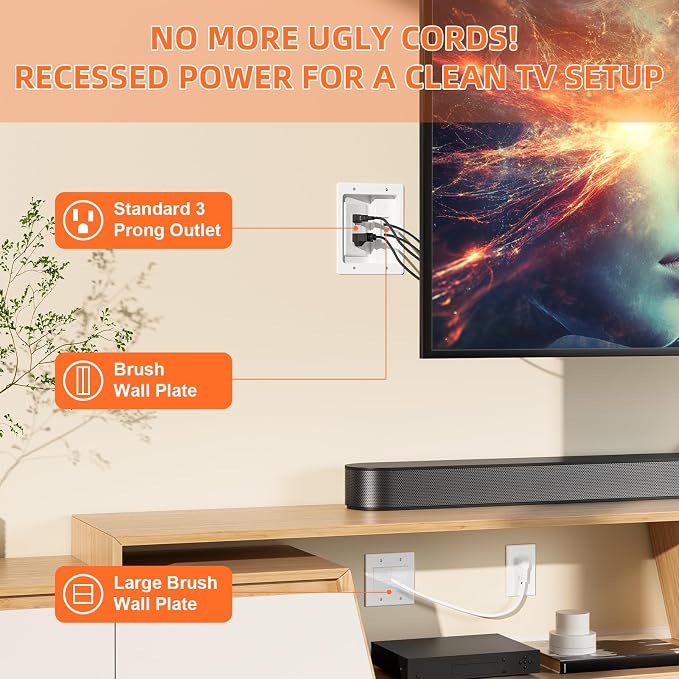 in Wall Cable Concealer Kit with Brush Wall Plate,Recessed Outlet Box,9ft Cord,2 Gang Pass Through Wire Hider for TV Cable Management,HDMI Cables and Home Theater Systems