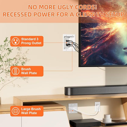 in Wall Cable Concealer Kit with Brush Wall Plate,Recessed Outlet Box,9ft Cord,2 Gang Pass Through Wire Hider for TV Cable Management,HDMI Cables and Home Theater Systems