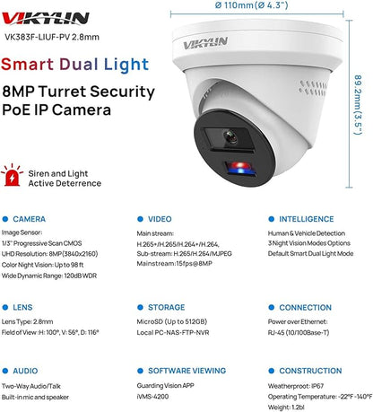 VIKYLIN 4K 8MP PoE IP Camera with Red & Blue Strobe Flash Light and Audio Alarm, Active Deterrent Security Camera with Smart Hybrid Light Color Night Vision, Two-way Audio, 2.8mm Lens Wide Angle, IP67