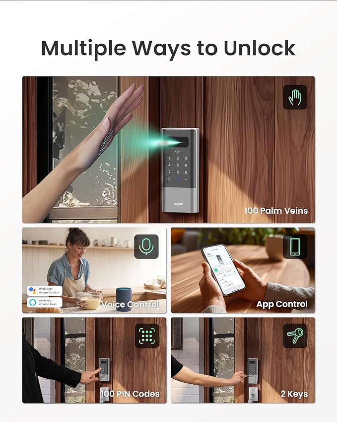 DESLOC K140Plus Smart Door Lock with Palm Vein Recognition, Keyless Entry Door Lock with Keypad Deadbolt, App Control, Auto Lock Digital Door Lock for Front Door with Mechanical Key Backup, Silver