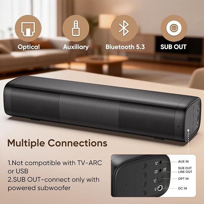 Saiyin 11.7-inch Sound Bar, Small Size & Big Power, Powered by AC Adapter