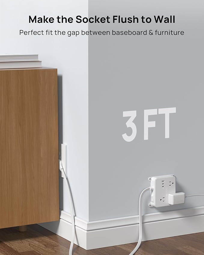 TROND 3FT Short Extension Cord, Ultra Thin Flat Plug Power Strip with 2 USB C, 3 AC Widely Spaced Outlets, Wall Mount Power Cord for Furniture, Screw on Wall Outlet Behind TV, Couch, Cabinet