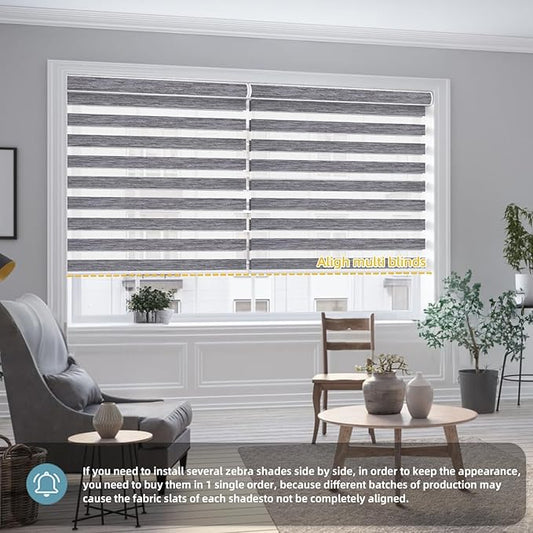 SmartWings Motorized Zebra Blinds with Remote, Custom Size Smart Electric Roller Shades for Windows, Automatic Light Filtering Dual Layer, Cordless Battery Motor, 95mm 85% Blackouit Light Grey