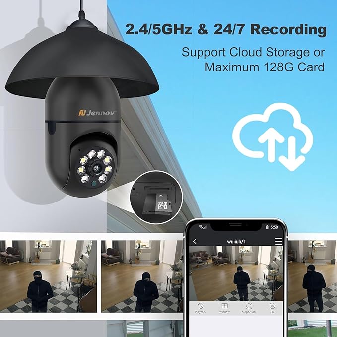 Jennov 2K Light Bulb Security Camera Wireless Outdoor, Indoor Light Socket Cameras for Home Security, Human Detection, 355°, Color Night Vision, 5G/2.4G WiFi, Screw in, Compatible with Alexa