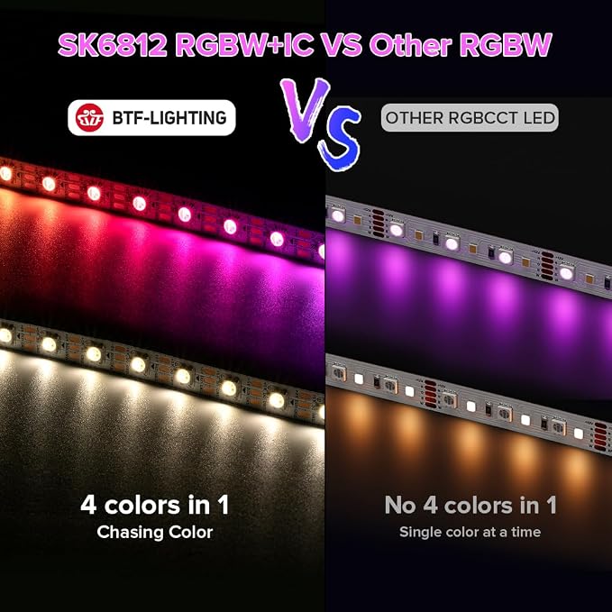 BTF-LIGHTING RGB+Warm White SK6812 LED Strip 3.28FT 144LED IP30 DC12V | RGBW Individually Addressable UL Listed 4 Colors in 1 Light (Similar WS2812B) White PCB(No Adapter or Controller)