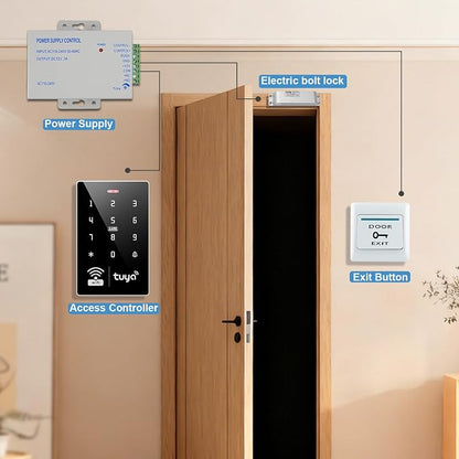 Tuya Access Control Kit with Electric Bolt Lock | Complete kit incl keypad, electric bolt lock, exit button, 36W PSU, IP68, 1000 users, IC/ID, 10 blue cards